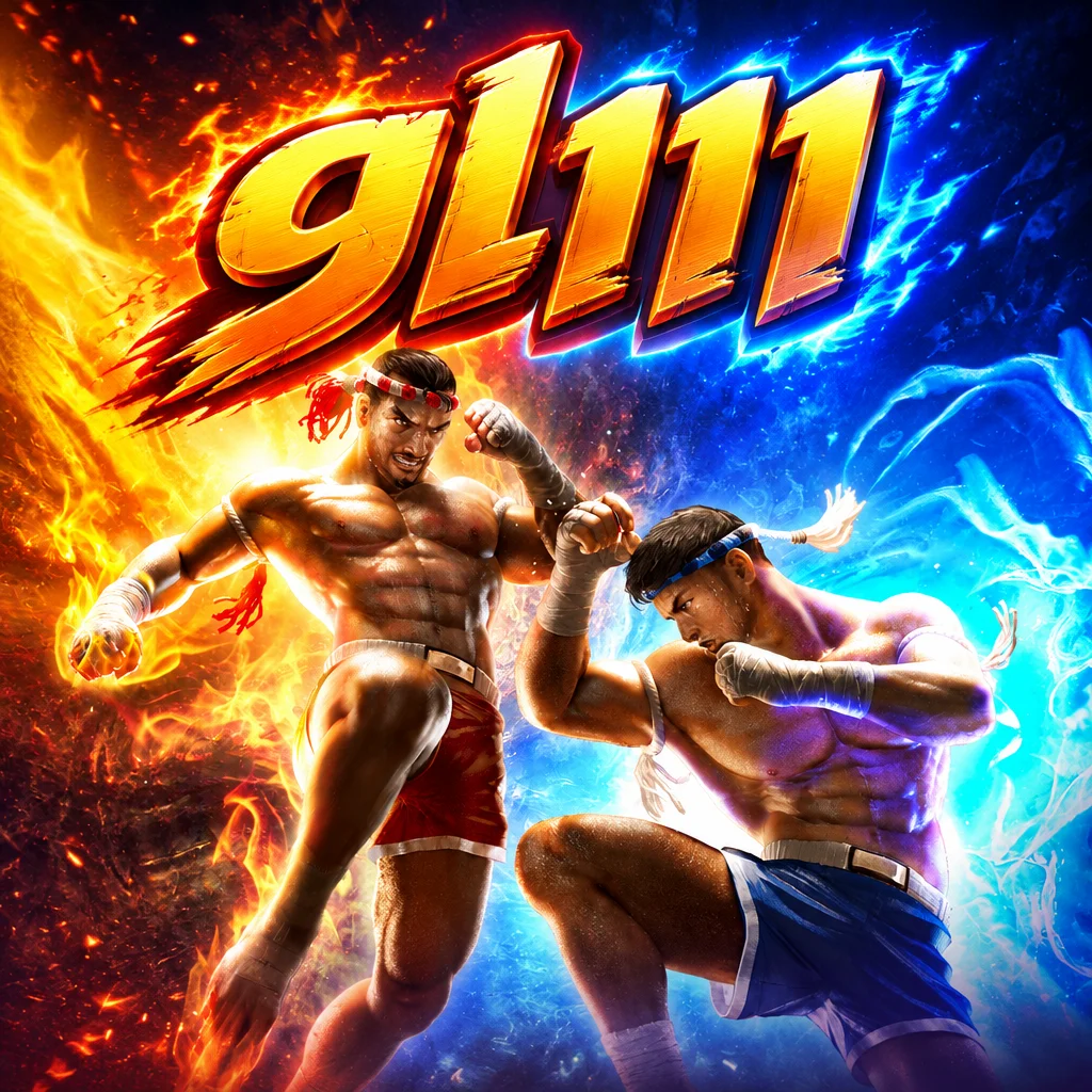 Dua petarung Muay Thai saling berhadapan dalam kobaran api dan energi biru di gl111